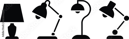 Set of modern and classic lighting fixture icons, showcasing various lamp designs including table and adjustable desk lights, presented as sleek black silhouettes for graphic and decorative use