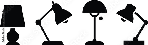 A versatile collection of stylized lamp icons showcasing a diverse range of lighting fixtures, including classic table lamps and adjustable desk lamps, ideal for modern design projects