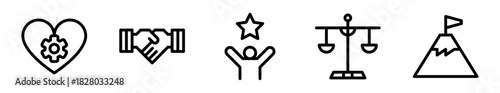 Pack de iconos de valores fundamentales. Corazón con engranaje, apretón de manos, persona celebrando, balanza de justicia, montaña con bandera de logro. Diseño vectorial lineal