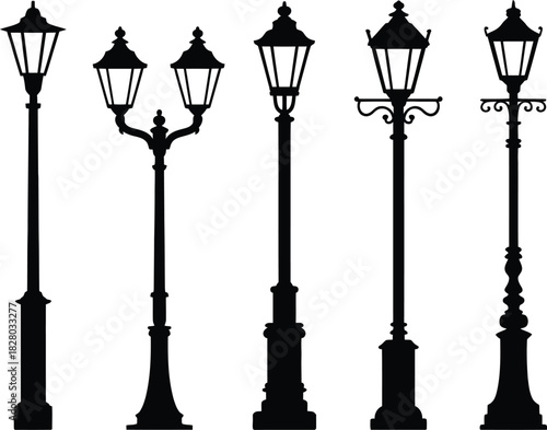 Set of varied street lamp silhouettes, each a classic black illustration against a pure white background, perfect for urban design and vintage lighting concepts