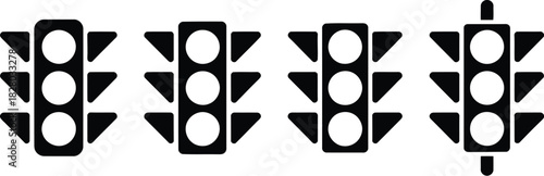 Set of four traffic light icons for road safety and vehicle control. Simple vector pictograms symbolizing stop, wait, and go signals for street intersections