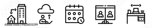 Pack de iconos de trabajo híbrido. Casa hacia oficina, usuario conectado a la nube, calendario con reloj, videollamada grupal y escritorio de oficina. Diseño vectorial lineal