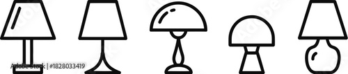 A diverse collection of five table lamp icons presented in a clean, minimalist black outline style, perfect for home decor and lighting concepts