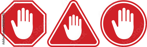 Universal red stop and warning signs with white hand symbols. Diverse shapes conveying caution, prohibition, and restricted access for effective safety communication