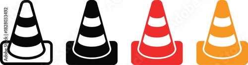Set of traffic cones in different colors and styles for road construction, safety, and guidance
