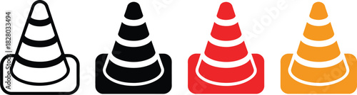 Collection of Four Traffic Cones in Different Colors and Styles, Including Black and White Outline, Solid Black, Red, and Orange