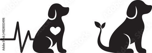 Silhouettes of dogs with a heartbeat line and a fish tail