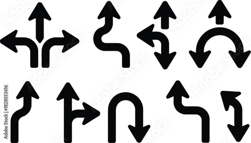 Dynamic collection of black vector arrows showing diverse directions, turns, and paths. Essential icons for navigation, UI design, flowcharts, and symbolizing choices, progress, or movement