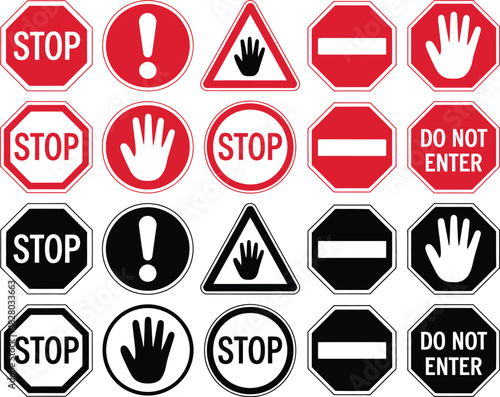 Collection of Stop and Warning Signs Including Directional Traffic Signs and Hand Symbols for Safety and Prohibition