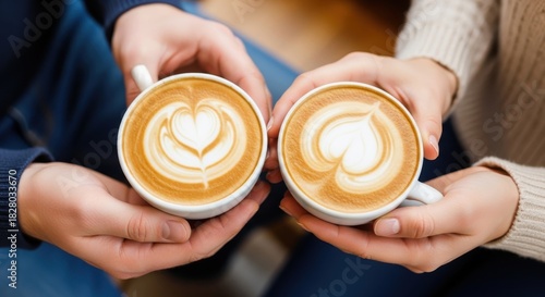 Share a latte with your love, celebrating togetherness with warm coffee and heart shaped foam art