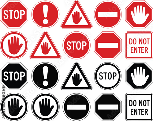 Collection of Stop, Warning, and No Entry Signs Diverse Vector Icons