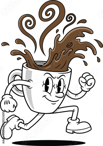 Fast Running Coffee Cup Mascot Spilling Hot Liquid in Vintage Cartoon Style