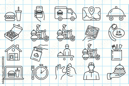 Food delivery and online ordering service doodle line icons set