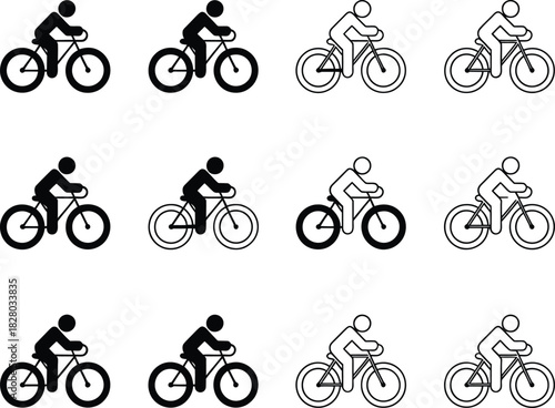Varied collection of vector icons depicting cyclists and bicycles in different graphic styles, suitable for sports, fitness, and outdoor activity designs