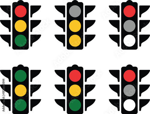 Vector illustration set of traffic signal icons in different states, displaying stop, go, and caution light sequences for road control
