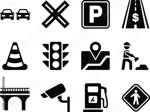 A collection of black silhouette vector icons illustrating key aspects of urban infrastructure, road safety, transportation, and essential city services, useful for modern graphic design