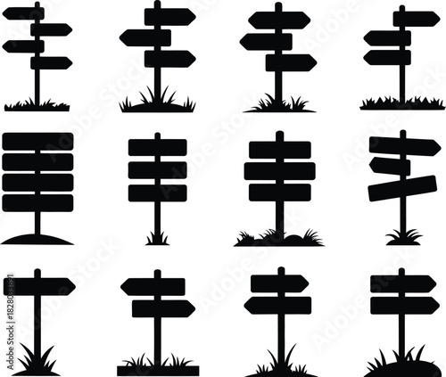 Diverse Silhouettes of Directional Signposts A Collection of Pathfinding Icons and Guidance Symbols