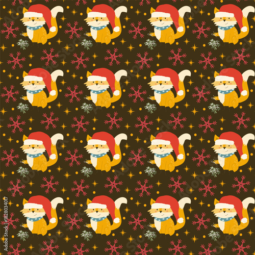 Christmas pattern with forest fox in santa hat. Cute repeat design with festive elements mistletoe and snowflakes. Cute fox in cartoon flat style. Vector illustration on dark background.
