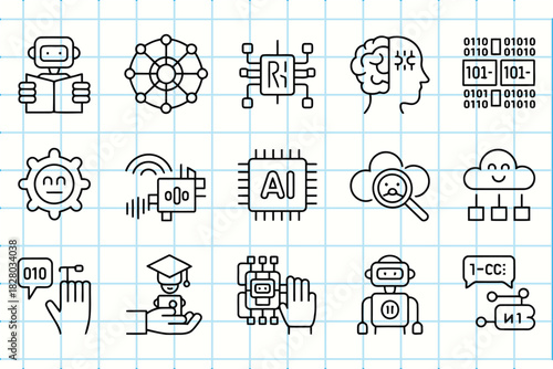 Artificial intelligence doodle line icons set: technology & robotics