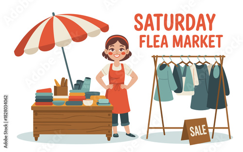 Charming Saturday Flea Market Illustration: Woman Vendor, Clothing Rack, and Colorful Goods Under a Stripped Umbrella for Sales Promotion