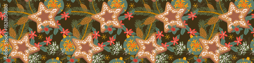 Christmas seamless pattern border on dark background. Christmas cookie star, bauble with xmas cactus, snowberry and spruce branches. Festive background.