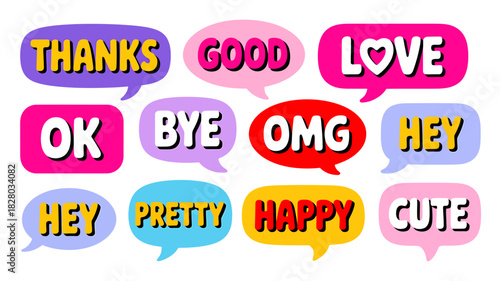 Colorful speech bubbles with positive words for social media communication