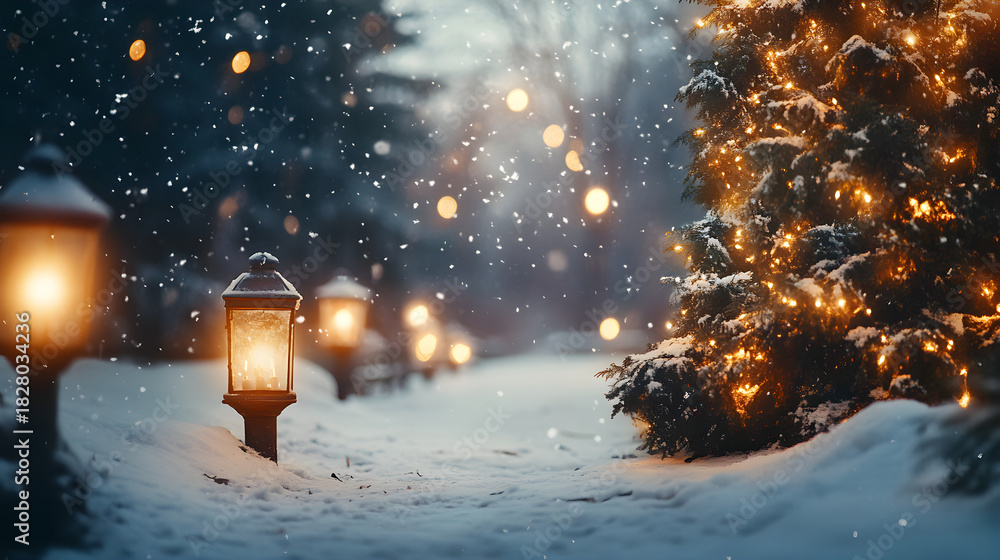 Obraz premium Magical winter scene with glowing lanterns on a snowy path and a decorated Christmas tree. Festive holiday background with falling snow at night