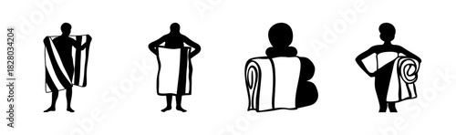 Silhouettes of people with towels, depicting bathing, hygiene, and spa activities