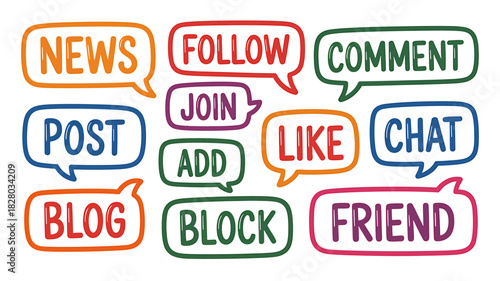 Hand drawn social media speech bubbles with common action words