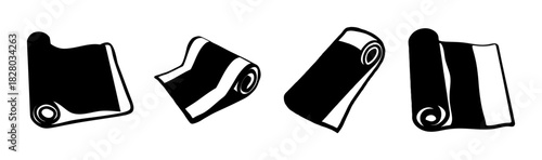 Minimalist rolled mat, fabric or paper scroll black and white vector icons set