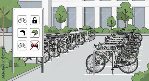 Illustration of a bicycle parking lot with a sign in front of a modern building and trees.