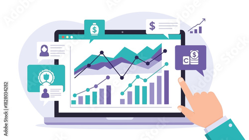 A hand interacting with a laptop displaying various graphs and charts on the screen with a teal and purple color scheme against a clean white background.