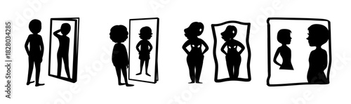 Self-perception and body image concepts displayed through mirror reflections.