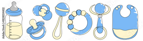 Continuous one-line drawing of baby essentials in soft blue,  for baby care, newborn themes, baby shower designs. This minimalist style evokes warmth and care, ideal for parenting and infant products