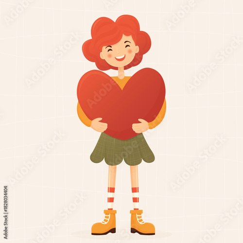 Smiling Girl Holding Big Red Heart Love Vector Character.