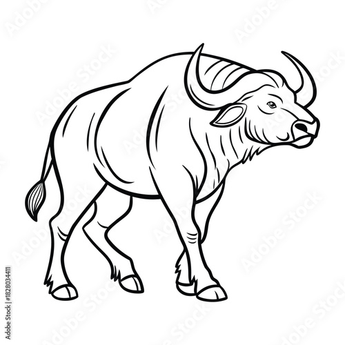Strong bull or bison line art illustration with prominent horns, isolated for design projects. Vector