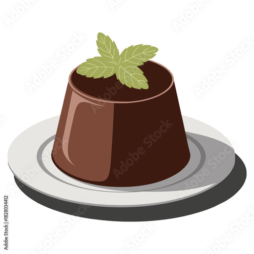 Delicious Chocolate Pudding with Mint Garnish on a White Plate.