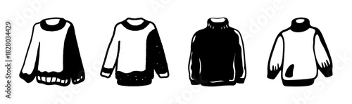 Sketches of various cozy sweaters and jumpers, hand drawn doodle vector illustrations