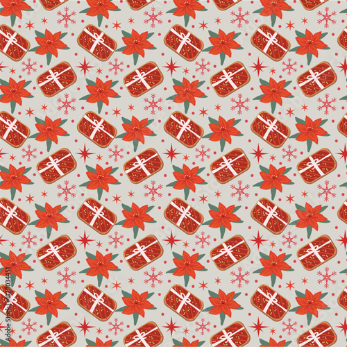 Red Christmas seamless pattern with gift cookies and winter flowers. Flat cartoon vector illustration. Christmas pattern with amaryllis. Christmas gift with winter flower and snowflakes, stars.