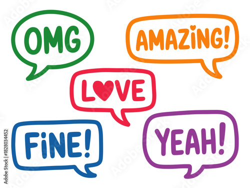 Colorful hand drawn speech bubbles with positive and expressive words