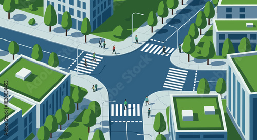 Aerial view of a modern city intersection with buildings, trees, and crosswalks on a clean white background, showcasing urban planning and architecture.