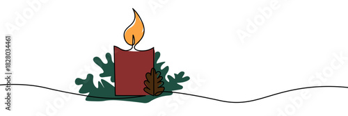 Continuous one-line drawing of a candle surrounded by leaves, evoking warmth and coziness. Perfect for seasonal decor, autumn, or festive designs a minimalist and modern style, vector illustration