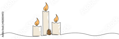Continuous one-line drawing with color of three candles, warm flames, and a leaf, creating a cozy and festive atmosphere. Ideal for holiday decor, winter, and seasonal designs, vector illustration