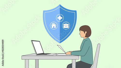 Illustration of a person sitting at a desk working on a laptop with a blue shield icon above, symbolizing online security, on a light green background.