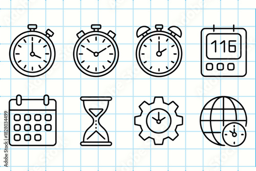 Hand drawn time icons set, calendar stopwatch and global time