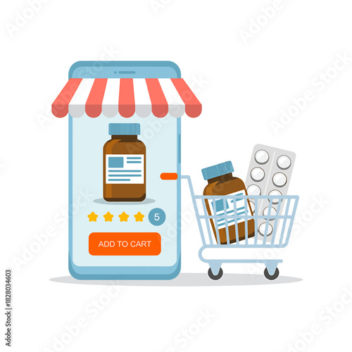 Online pharmacy shopping app concept with medicine bottles and cart