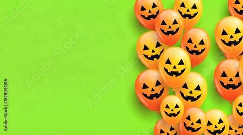 Halloween balloons with jack-o-lantern faces arranged on bright green background for festive design  
