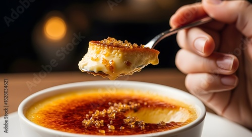 homemade crème brûlée tasting dessert close-up, food photography for recipe blogs, restaurant menus, cookbooks, and culinary websites