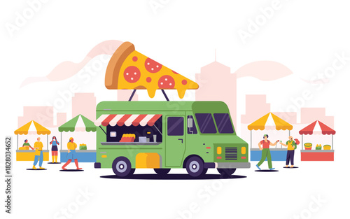 Vibrant Flat Vector Illustration of a Lively Food Truck Gathering with Various Stalls and Cityscape Backdrop, Ideal for Food and Event Concepts