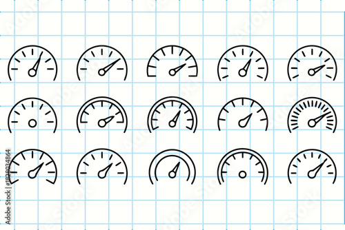 Hand drawn doodle style speedometer and gauge icons set on grid